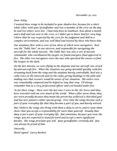 Larry Barbee Letter to Kiley from Barbara Barker
