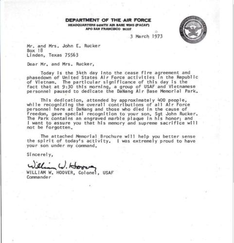 John O'Neal Rucker - Letter from Col. Hoover